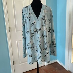 Nordstrom Tunic Top Women’s Medium L Blue Green White Floral Long Sleeve Blouses